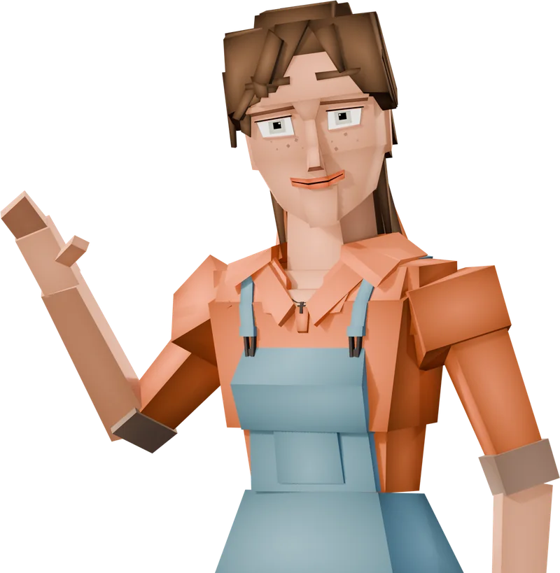 Betty Fleetfoot waving with a big smile, in her orange shirt and overalls