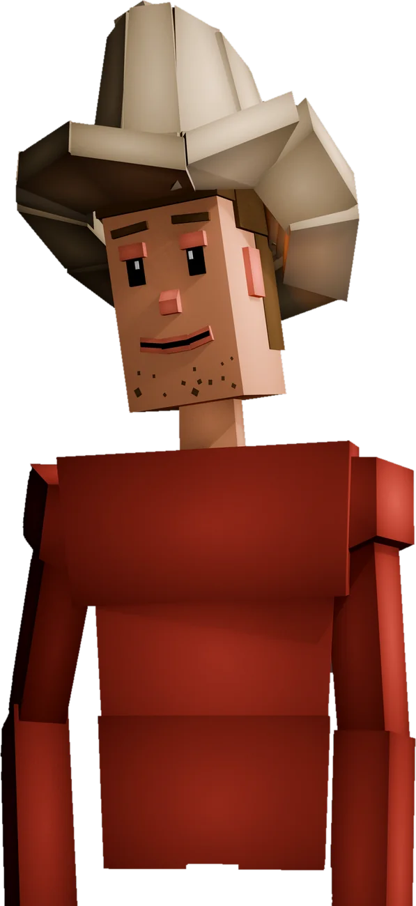 Jack Dasher in a cowboy hat and red sweater
